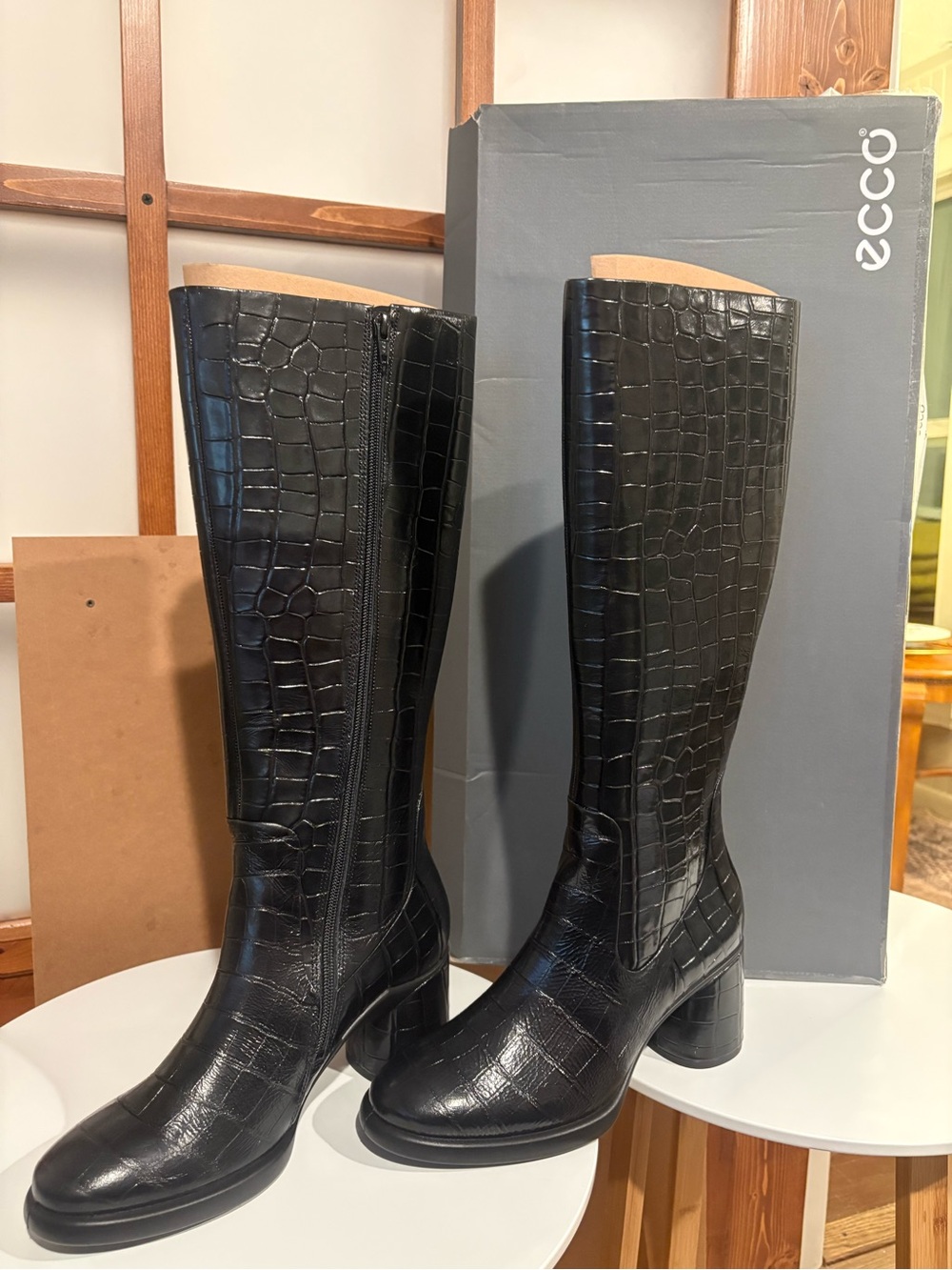 Ecco Black Croc-Embossed Leather Knee Boots